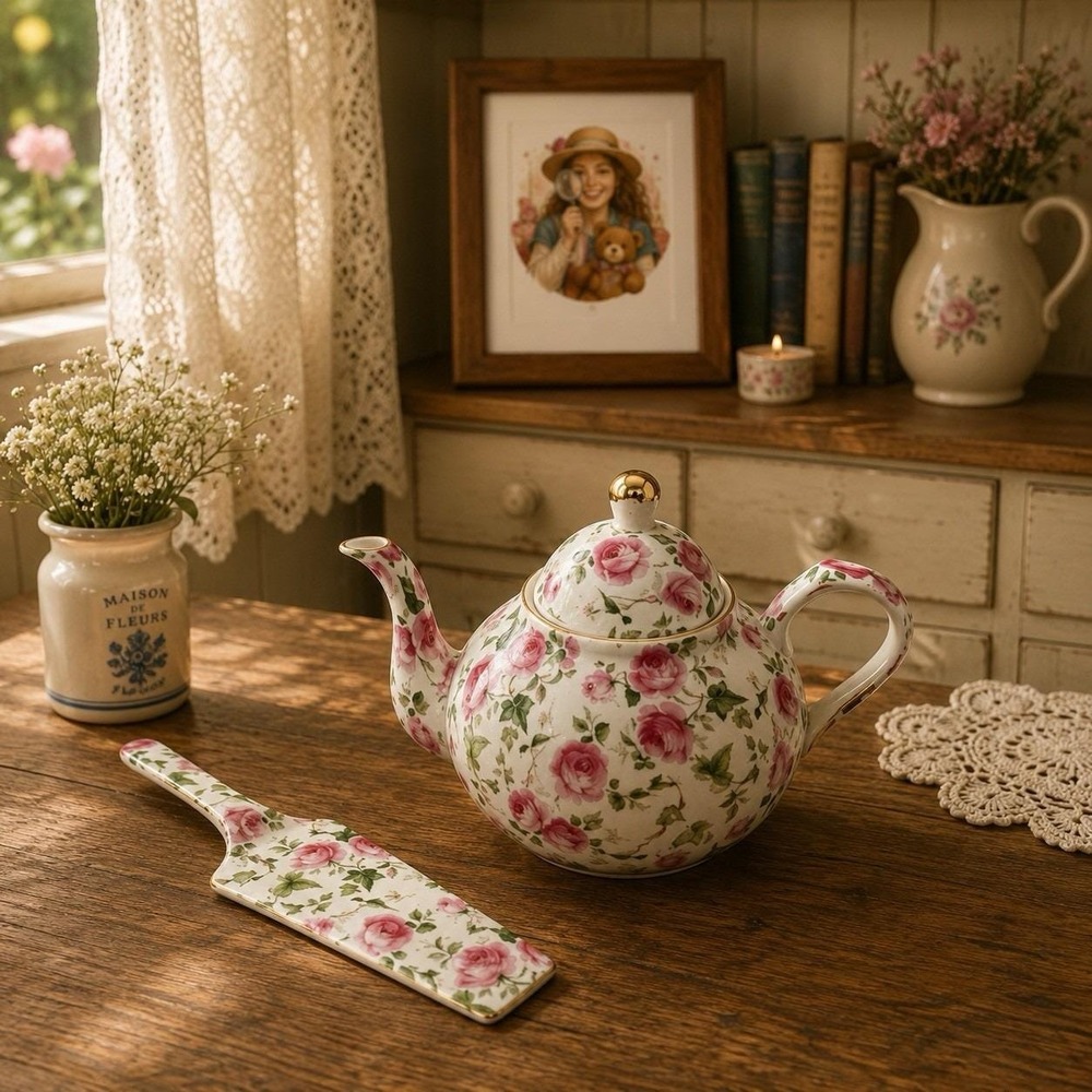 Baum Bros FORMALITIES Tea Pot Victorian Rose Chintz Pink Vtg Ivy Cake Server